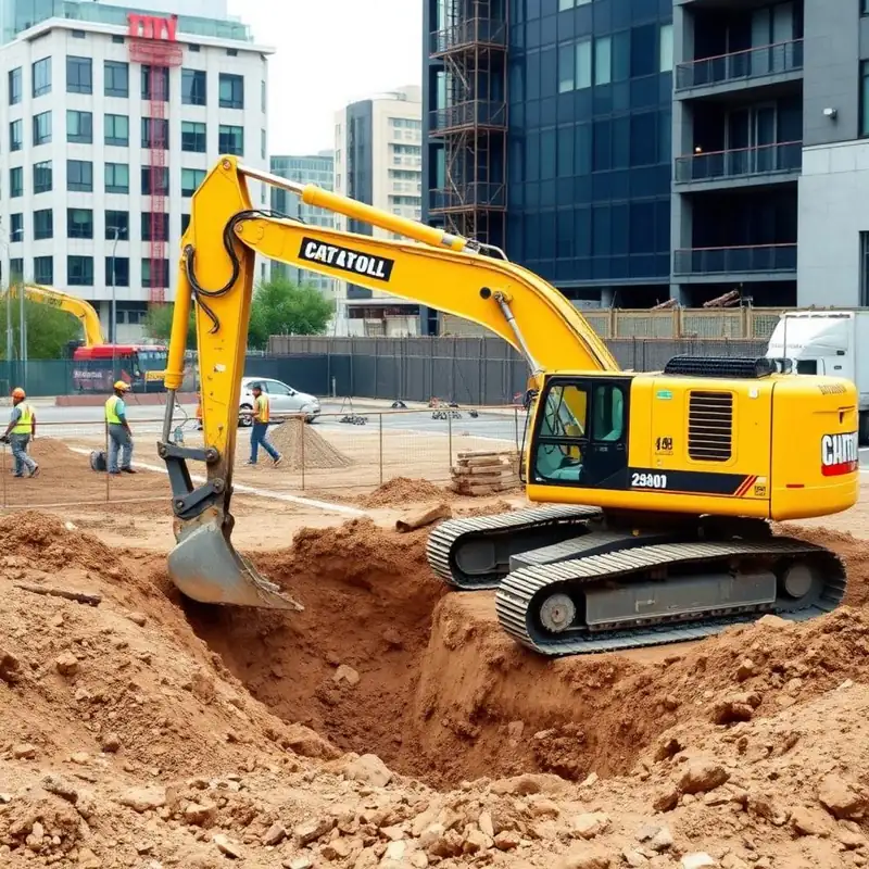 Excavator performing site work and foundation excavation on a commercial job site
